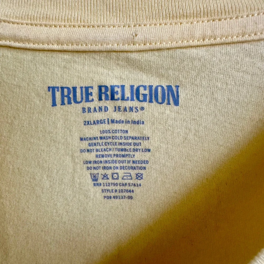 True Religion Yellow 3D Puff Print Navy Horseshoe Box Logo Tee Men's 2XL‎